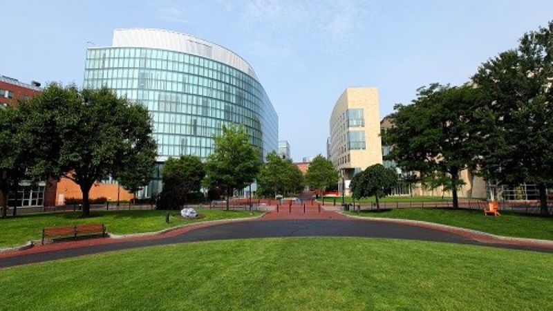 Two multi-story buildings on the Northeastern University (NU) campus in Boston