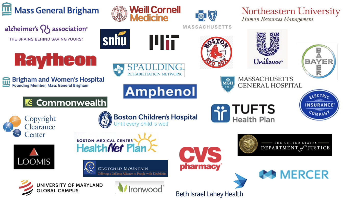 Logos of Tandem Solutions client organizations, including Mass General Brigham, Weill Cornell Medicine, Blue Cross Blue Shield of Massachusetts, Northeastern University, Raytheon, MIT, Boston Red Sox, Unilever, Bayer, Massachusetts General Hospital, Tufts Health Plan, CVS Pharmacy, Mercer, and other partner organizations.